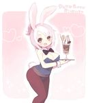  alternate_costume animal_ears battle_bunny_riven blush breasts brown_eyes bunny_ears bunny_girl bunny_tail bunnysuit character_name cleavage folded_ponytail food highres ice_cream konatsu_miyu large_breasts league_of_legends leotard open_mouth pantyhose riven_(league_of_legends) short_hair solo tail white_hair 