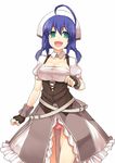  ahoge belt breasts cleavage dress dungeons_&amp;_princess fingerless_gloves gloves green_eyes hat large_breasts panties purple_hair sidelocks smile solo standing thighs torimaru twintails underwear 