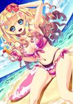  beach bikini blonde_hair blue_eyes douji drink dutch_angle flower frills hair_flower hair_ornament hibiscus long_hair original solo surfboard swimsuit tropical_drink 