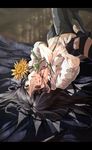  banned_artist black_hair blood brown_eyes dying fingerless_gloves flower gloves holding holding_hand holding_hands letterboxed long_hair lying on_back open_mouth original solo_focus sunflower viola_(seed) 