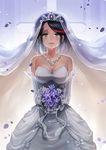  black_hair blue_eyes blush bouquet bow breasts bridal_veil bride cleavage commentary_request crying crying_with_eyes_open dress elbow_gloves flower gloves happy_tears jewelry kill_la_kill lips lipstick makeup matoi_ryuuko medium_breasts necklace raijuu_(bakanara) short_hair smile solo tears tiara veil wedding_dress white_dress white_gloves 