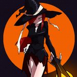  1girl alternate_costume bare_legs costume female hair_over_one_eye halloween hat lipstick long_hair makeup parasoul_(skullgirls) red_eyes red_hair skullgirls solo torn_clothes umbrella witch witch_hat 