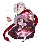  1girl alternate_costume alternate_eye_color bag black_hair blush gwayo hat league_of_legends long_hair lulu_(league_of_legends) open_mouth ponytail short_sleeves silver_eyes silver_hair skirt smile varus white_background 