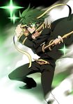  green_eyes green_hair highres kill_la_kill kuma_yuu male_focus mask mask_removed sanageyama_uzu shinai smile solo spoilers sword uniform weapon 