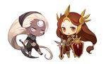  armor blush brown_eyes brown_hair chibi diana_(league_of_legends) grey_skin gwayo holding holding_weapon league_of_legends leona_(league_of_legends) long_hair multiple_girls open_mouth shield silver_eyes smile sword weapon white_background white_hair 