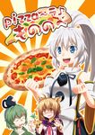  blue_eyes bow cape clenched_hands detached_sleeves food green_hair hat hat_removed headwear_removed holding_pizza long_hair long_sleeves mononobe_no_futo multiple_girls nas_(nassy58) open_mouth pizza ponytail ribbon short_hair silver_hair smile soga_no_tojiko tate_eboshi touhou toyosatomimi_no_miko wide_sleeves yellow_eyes 