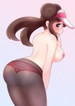  ass back blue_eyes blush breasts brown_hair double_bun finger_to_mouth large_breasts long_hair mei_(pokemon) nipples panties panties_under_pantyhose pantyhose pastelletta pokemon pokemon_(game) pokemon_bw2 solo striped striped_panties topless twintails underwear visor_cap 