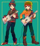  bad_id bad_pixiv_id black_hair blue_eyes eye_contact guitar guitar_hero hat instrument jacket kyle_broflovski looking_at_another male_focus multiple_boys pepocopranodon red_hair smile south_park stan_marsh standing tongue 