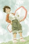  brown_hair eureka_seven eureka_seven_(series) full_body grey_eyes hover_board jacket male_focus mitsui_jun renton_thurston shorts smile solo 