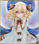  blonde_hair blush bow dress drill_hair hat highres luna_child mosho red_eyes shikishi short_hair smile solo touhou traditional_media watercolor_(medium) wings 