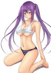  bare_shoulders barefoot blush breasts hands_on_feet kneeling large_breasts long_hair looking_at_viewer muffin_(sirumeria) multicolored_hair navel original panties parted_lips purple_eyes purple_hair shiny simple_background solo tank_top underboob underwear white_background 