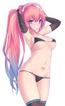  armpits arms_behind_head arms_up bikini blue_eyes breasts dev elbow_gloves gloves gradient_hair headphones large_breasts long_hair looking_at_viewer megurine_luka micro_bikini multicolored_hair navel o-ring o-ring_bottom pink_hair ponytail shiny shiny_skin solo strap_gap string_bikini swimsuit tattoo thighhighs underboob very_long_hair vocaloid white_background 