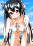  all_fours beach bikini black_hair day highres long_hair phantasy_star phantasy_star_online_2 pointy_ears red_eyes solo sumeragi_tomo swimsuit twintails very_long_hair 