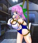  1girl arms_behind_back artist_request bdsm blue_eyes bondage bound breasts character_request cleave_gag cloth_gag erect_nipples female gag gagged gym_storeroom gym_uniform improvised_gag payot pink_hair rope sidelocks solo source_request 