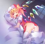  ass blonde_hair blush body_pillow flandre_scarlet hat one_eye_closed open_mouth panties rando_seru red_eyes short_hair side_ponytail solo tears thighhighs touhou underwear white_legwear wince wings 