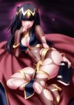  ass black_hair blush bodysuit book breasts cleavage covered_navel covered_nipples fire_emblem fire_emblem:_kakusei high_heels highres holding lips long_hair looking_at_viewer medium_breasts nail_polish navel parted_lips purple_eyes see-through sitting solo tharja thighs torn_clothes twintails zen 