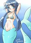  2013 armpits arms_up bikini_top blue_eyes blue_hair blush borrowed_character fukami_nana long_hair looking_at_viewer mermaid monster_girl nire_nanaki original solo 