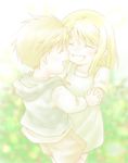  1girl alphonse_elric blonde_hair blurry blurry_background closed_eyes dress fullmetal_alchemist hands_together happy holding_hands jacket long_sleeves open_mouth rito_(rito_3) short_hair shorts simple_background smile white_background winry_rockbell younger 