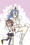  blue_hair breasts brown_hair carol_(skullgirls) cleavage creature eyepatch hat homoo... hug large_breasts multiple_girls nurse nurse_cap nyoro_mutou painwheel_(skullgirls) ponytail red_eyes scared school_uniform skirt skullgirls stitches sweatdrop thighhighs valentine_(skullgirls) zettai_ryouiki 