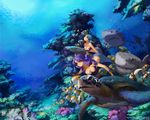  bracelet breasts caesty cleavage coral_reef fish green_hair jewelry long_hair medium_breasts multiple_girls necklace orange_eyes original purple_hair sea_turtle shark turtle underwater watermark web_address 