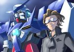  1boy absurdres ascot brown_hair coat glowing glowing_eyes gundam gundam_amazing_exia gundam_build_fighters highres mecha meijin_kawaguchi sunglasses yuuki_tatsuya_(gundam_bf) 