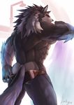  anthro back biceps big_muscles black_nose brown_fur brown_hair butt canine claws clothed clothing fur grey_hair hair lokya looking_at_viewer looking_back male mammal muscles pecs pose scar skimpy solo speedo standing swimsuit toned topless underwear undressing wolf yellow_eyes 