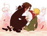  1girl 4_(nakajima4423) baccano! blonde_hair bouquet brown_hair christopher_shouldered closed_eyes flower grin long_hair ponytail reverse_trap ricard_russo sharp_teeth short_hair smile teeth 