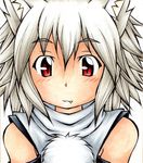  animal_ears bare_shoulders blush detached_sleeves fang highres inte_(whitewolftail) inubashiri_momiji looking_at_viewer no_hat no_headwear pom_pom_(clothes) red_eyes short_hair silver_hair simple_background smile solo touhou white_background wolf_ears 