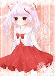  alternate_costume alternate_hairstyle arms_behind_back blush bow dated doily dress ena_(ena228) fujiwara_no_mokou hair_bow happy_birthday heart heart-shaped_pupils highres hime_cut long_sleeves looking_at_viewer red_eyes silver_hair smile solo striped striped_background symbol-shaped_pupils touhou twintails vertical-striped_background vertical_stripes 