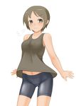  bike_shorts breasts brown_eyes brown_hair covered_nipples isoro_(myouan) looking_at_viewer medium_breasts myouan no_bra original short_hair simple_background solo tank_top white_background 