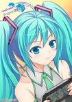  aqua_hair detached_sleeves handheld_game_console hatsune_miku long_hair necktie playstation_vita project_diva_(series) project_diva_f_2nd smile solo takejun twintails very_long_hair vocaloid 