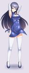  breasts china_dress chinese_clothes cleavage cleavage_cutout covered_navel dress elbow_gloves gloves highres kurosaka_miori large_breasts long_hair looking_at_viewer myouan original purple_hair smile solo thighhighs white_legwear 