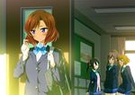  4girls arms_behind_back bag black_hair blue_eyes blue_skirt bow brown_hair closed_eyes glasses green_eyes hair_bow hair_twirling high_ponytail indoors kikuchi_akemi love_live! love_live!_school_idol_festival love_live!_school_idol_project morishima_nanaka multiple_girls nishikino_maki open_mouth pleated_skirt purple_eyes red_bow school_bag short_hair skirt twintails yazawa_nico 