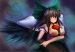  arm_cannon black_hair bow breasts cape chibi hair_bow kaenbyou_rin large_breasts long_hair looking_at_viewer multiple_girls peso_(cheese_company) red_eyes reiuji_utsuho shirt smile third_eye touhou upper_body weapon wings 