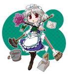  apron boots bow braid broom bucket byourou cross-laced_footwear dual_wielding duster dustpan hair_bow holding izayoi_sakuya long_sleeves looking_at_viewer maid maid_headdress mop open_mouth pantyhose red_eyes shirt silver_hair skirt skirt_set solo touhou twin_braids vest waist_apron 