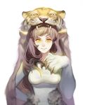  animal_hood breasts brown_hair caesty fang hood large_breasts long_hair nose original paws slit_pupils smile solo tiger_hood yellow_eyes 