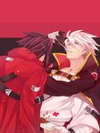  bad_id bad_pixiv_id black_hair blazblue blazblue:_chronophantasma cosplay costume_switch curry eating food gloves jacket_on_shoulders kagura_mutsuki kagura_mutsuki_(cosplay) male_focus multiple_boys ragna_the_bloodedge ragna_the_bloodedge_(cosplay) red_background shirt sweat tomo_(tomorag7) white_hair 