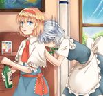  alice_margatroid apron bent_over blonde_hair blue_eyes bottle bow braid capelet chest_of_drawers dress gloom_(expression) hair_bow hairband head_on_shoulder hijiki_(hijiri_st) indoors izayoi_sakuya leaning_on_person lolita_hairband looking_at_viewer multiple_girls no_headwear painting_(object) parted_lips photo_(object) picture_frame ribbon sash shaded_face shinki short_hair short_sleeves silver_hair sweatdrop touhou touhou_(pc-98) twin_braids waist_apron window 