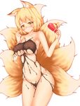  animal_ears blonde_hair blush box breasts chocolate collarbone fox_ears fox_tail gift gift_box heart highres kuroleo large_breasts looking_at_viewer multiple_tails naked_chocolate nude simple_background solo tail touhou valentine white_background yakumo_ran yellow_eyes 