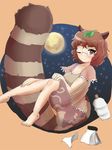  animal_ears barefoot brown_eyes brown_hair feita_(counterfeit) full_moon futatsuiwa_mamizou glasses gourd leaf leaf_on_head moon notepad one_eye_closed raccoon_ears raccoon_tail sky smile solo star_(sky) starry_sky tail touhou 