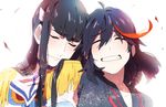  black_hair blush closed_eyes happy highres junketsu kill_la_kill kiryuuin_satsuki long_hair matoi_ryuuko multiple_girls senketsu short_hair smile tokigi_akira white_background 