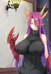  bare_shoulders blue_hair breasts claws covered_nipples dragon_girl dragon_horns dream_demon eyes_visible_through_hair fireflies gradient_hair hair_over_one_eye horns huge_breasts lamp light_smile long_hair looking_at_viewer mole mole_under_mouth monster_girl multicolored_hair original pointy_ears purple_hair red_eyes ribbed_sweater scales sleeveless sleeveless_turtleneck solo sweater turtleneck 