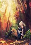  autumn_leaves boots detached_sleeves dress highres jinying leaf pixiv_fantasia pixiv_fantasia_fallen_kings short_hair silver_hair sleeping solo sunset thighs tree 