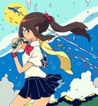  arched_back asian_kung-fu_generation blue_sky brown_hair cloud drinking fish flying_fish juice_box keishin long_hair looking_at_viewer mountain neck_ribbon original pleated_skirt ponytail profile red_eyes ribbon school_uniform scrunchie short_sleeves skirt sky solo standing sun wristband 