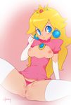 blonde_hair blue_eyes breasts breasts_outside crown doxy earrings elbow_gloves eyeshadow g-string gloves jewelry labia long_hair makeup mario_(series) micro_panties nipples panties partially_visible_vulva princess_peach ribbon small_breasts solo source_request spread_legs super_mario_bros. thighhighs thong underwear white_legwear 