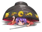  bowl commentary_request hiding holding_needle long_sleeves lying needle on_stomach purple_eyes purple_hair shinapuu smile solo sparkle sukuna_shinmyoumaru touhou wide_sleeves 