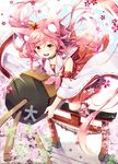  animal_ears bare_shoulders cherry_blossoms dress floral_print flying fox_ears fox_girl fox_tail hair_ornament highres long_hair looking_at_viewer neckerchief nontraditional_miko omikuji open_mouth original pink_hair red_dress sakura_mochi_(sakuragi_ren) sakuragi_ren sandals smile socks solo tabi tail torii tree very_long_hair wide_sleeves yellow_eyes 