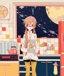  air_conditioner bad_id bad_pixiv_id blouse bottle brown_eyes brown_hair bubble buttons crater cup cupboard electric_fan faucet fish flying_fish full_moon glasses high_collar keishin kettle kitchen long_hair long_sleeves looking_away moon mug original pantyhose refrigerator semi-rimless_eyewear shorts sink sky solo space standing star_(sky) starry_sky stove surreal tile_wall tiles tongue tongue_out twintails ufo white_blouse yellow_legwear 