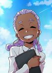  ammonio blue_sky blush clipboard cloud dark_skin day earrings eyebrows forehead grin hoop_earrings hououmaru_rei jewelry kill_la_kill no_eyewear ringlets silver_hair sky smile solo 