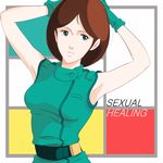  1girl 80s armpits arms_up breasts brown_hair emma_sheen gloves green_eyes gundam oldschool text uniform waeba_yuusee zeta_gundam 